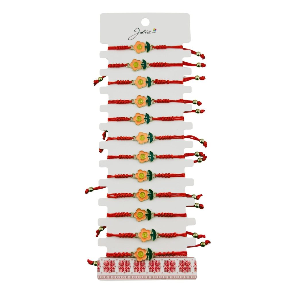Martisor Bratara pentru Dama si Copii, Jolie, Model Floricica Zambitoare, Set 12 bucati, Pandantiv Emailat, Snur Reglabil, Rosu/Portocaliu