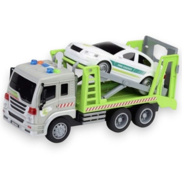 Set Camion De Tractare Cu Rampa Si Masinuta 1:16, Cu Frictiune, Lumini Si Sunete, Jucarie Interactiva Vehicul Depanare Copii, Set 2 In 1 Transport Auto, Camion Platforma Cu Rampa Mobila, Efecte Luminoase Si Sonore Copii 3+ Ani, Verde