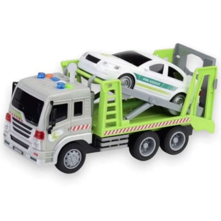 Set Camion De Tractare Cu Rampa Si Masinuta 1:16, Cu Frictiune, Lumini Si Sunete, Jucarie Interactiva Vehicul Depanare Copii, Set 2 In 1 Transport Auto, Camion Platforma Cu Rampa Mobila, Efecte Luminoase Si Sonore Copii 3+ Ani, Verde