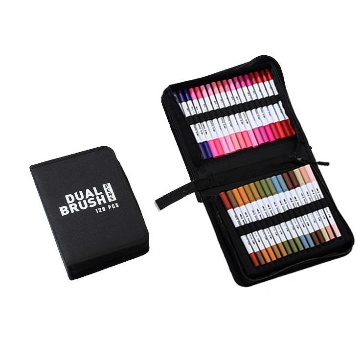 Set Carioci pe Baza de Apa, Flippy, 2 in 1, pentru Pictura, Caligrafie, 120 Culori, Penar Negru, Corp Carioca Alb, 27.5 x 19.5 x 8 cm, Multicolor