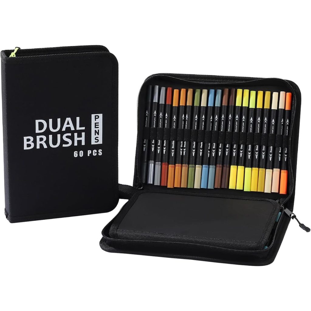 Set Carioci pe Baza de Apa, Flippy, 2 in 1, pentru Pictura, Caligrafie, 60 Culori, Penar Negru, Corp Carioca Negru, 26.5 x 17.5 x 4.5 cm, Multicolor