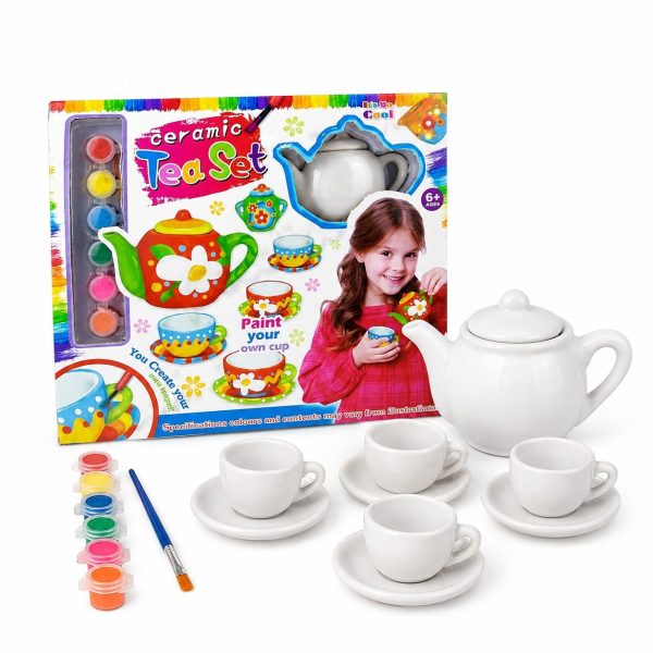 Set Ceai Ceramic de Pictat pentru Copii, Joc Creativ DIY cu Ceainic si Cesti pentru Decorat, Set Artistic cu Pensula si Culori pentru Pictura si Personalizare, Activitate Educativa si Distractiva Copii 6+ Ani, Multicolor