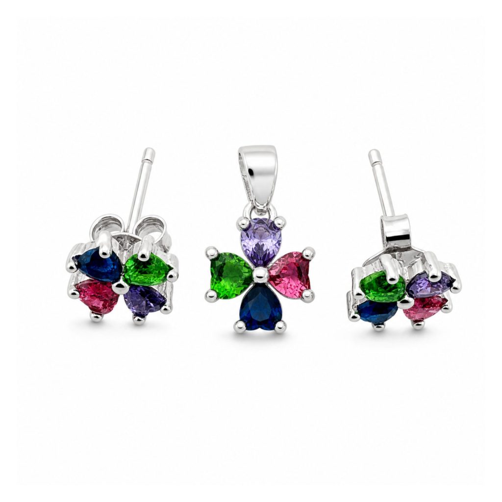 Set Cercei si Pandantiv din Argint 925, Jolie Silver, pentru Dama, Model Floare Rasucita Colorata, 1.6 g, Argintiu/Multicolor