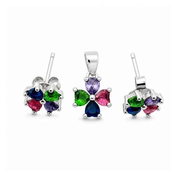 Set Cercei si Pandantiv din Argint 925, Jolie Silver, pentru Dama, Model Floare Rasucita Colorata, 1.6 g, Argintiu/Multicolor