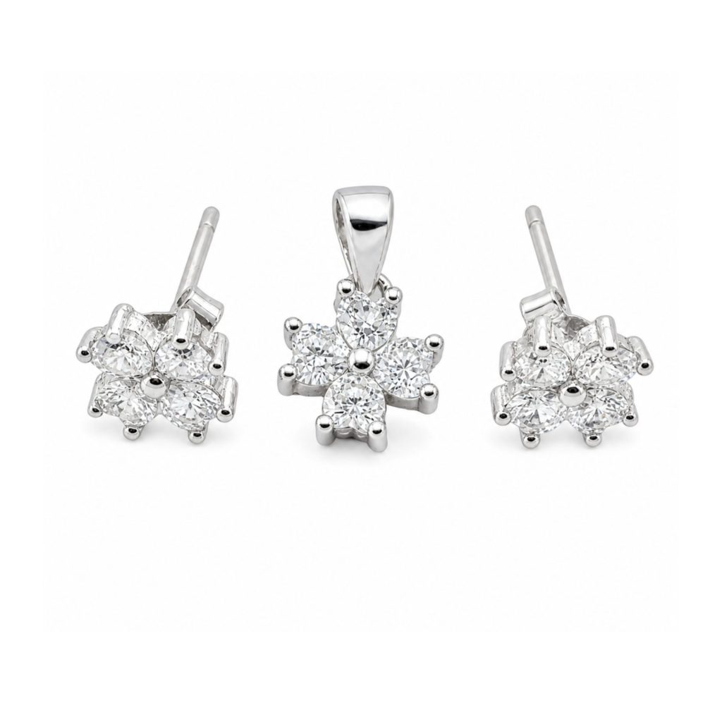 Set Cercei si Pandantiv, Jolie Silver, Argint 925, Model Floare 4 Petale, Pietre Zirconia Albe, 1.6 gr, Argintiu