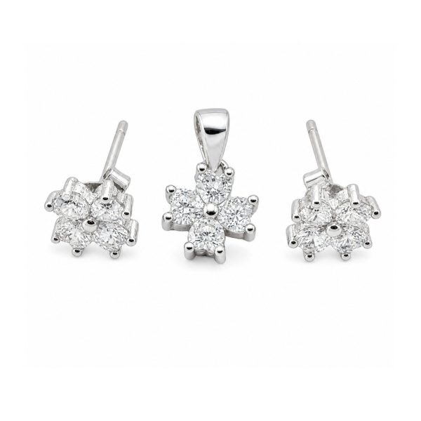 Set Cercei si Pandantiv, Jolie Silver, Argint 925, Model Floare 4 Petale, Pietre Zirconia Albe, 1.6 gr, Argintiu