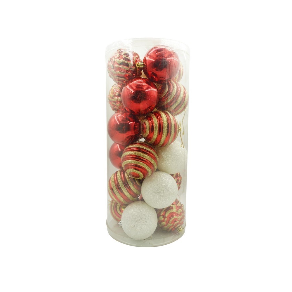 Set de 24 ornamente de brad, Flippy, de tip Glob, Alb/ Rosu, cu ø de 7 cm, din plastic, cu finisaj sclipitor , cutie  16  cm lungime x 36  cm inaltime x 16  cm adancime, Resigilat