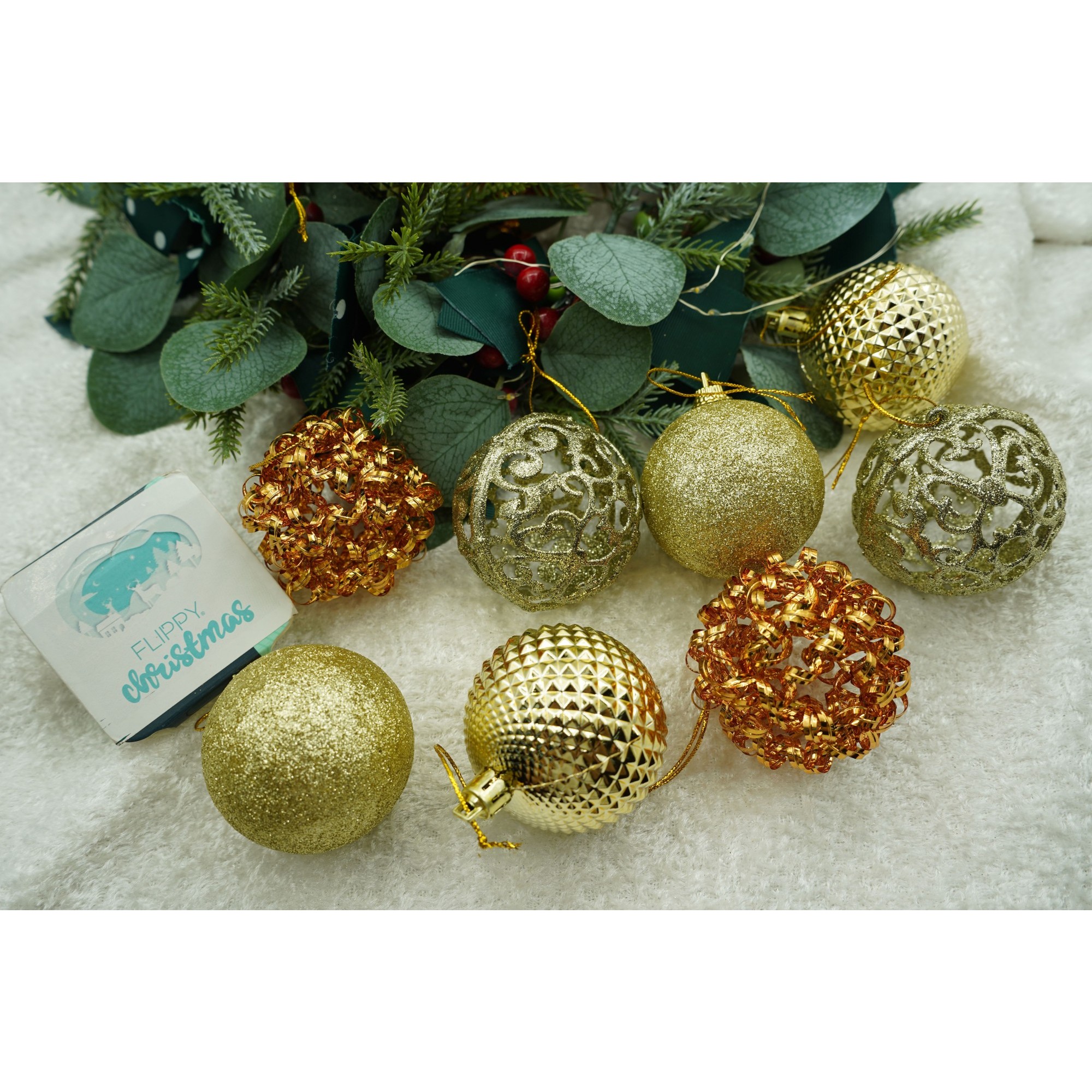 Set de 28 ornamente de brad, Flippy, de tip Glob, Cupru/ Auriu, din polistiren, cu finisaj sclipitor , cutie 18 cm adancime x 22 cm inaltime x 18 cm lungime) - Image 2