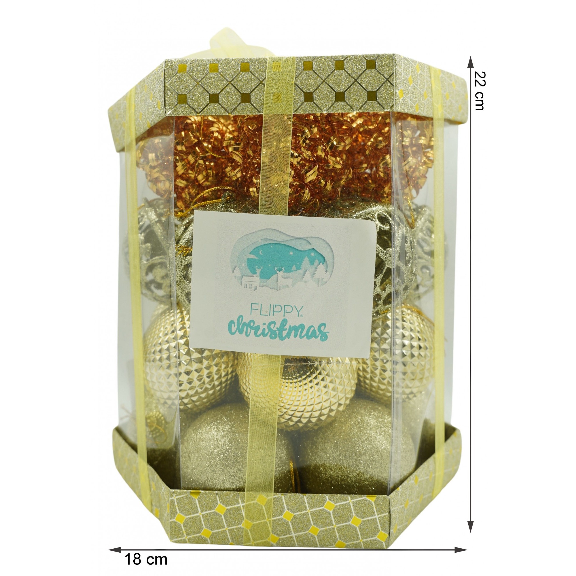 Set de 28 ornamente de brad, Flippy, de tip Glob, Cupru/ Auriu, din polistiren, cu finisaj sclipitor , cutie 18 cm adancime x 22 cm inaltime x 18 cm lungime) - Image 6