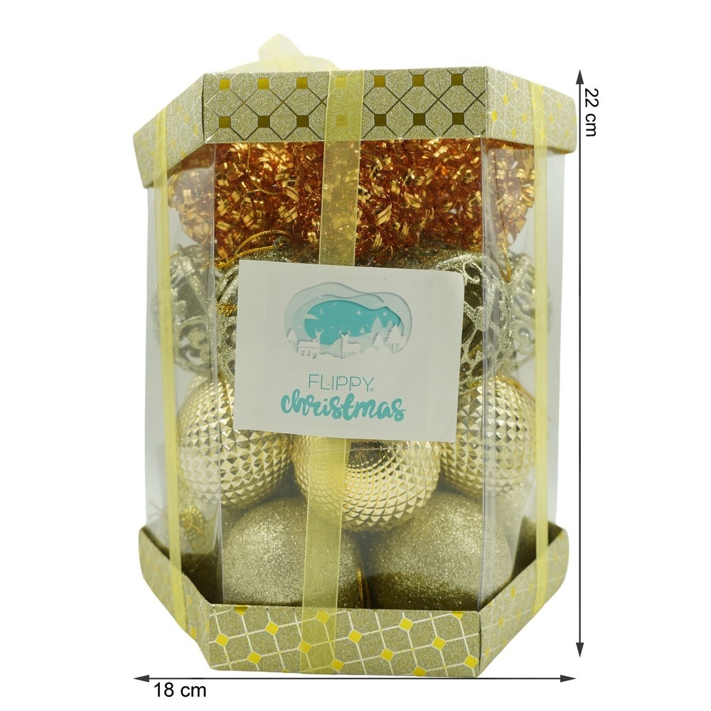 Set de 28 ornamente de brad, Flippy, de tip Glob, Cupru/ Auriu, din polistiren, cu finisaj sclipitor , cutie 18 cm adancime x 22 cm inaltime x 18 cm lungime) - Image 11