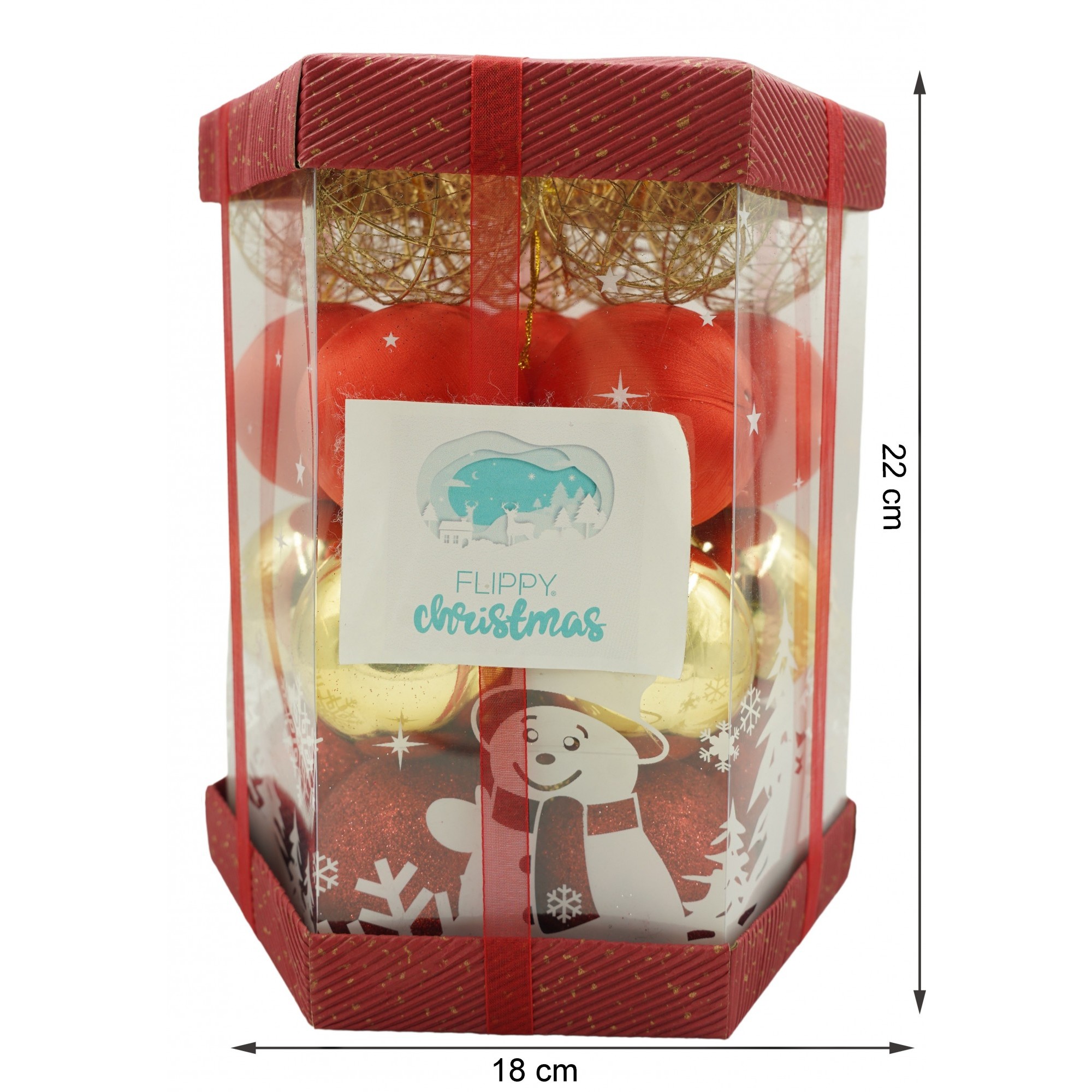 Set de 28 ornamente de brad, Flippy, de tip Glob, Rosu/ Auriu, din polistiren, cu finisaj sclipitor , cutie 18 cm adancime x 22 cm inaltime x 18 cm lungime) - Image 6