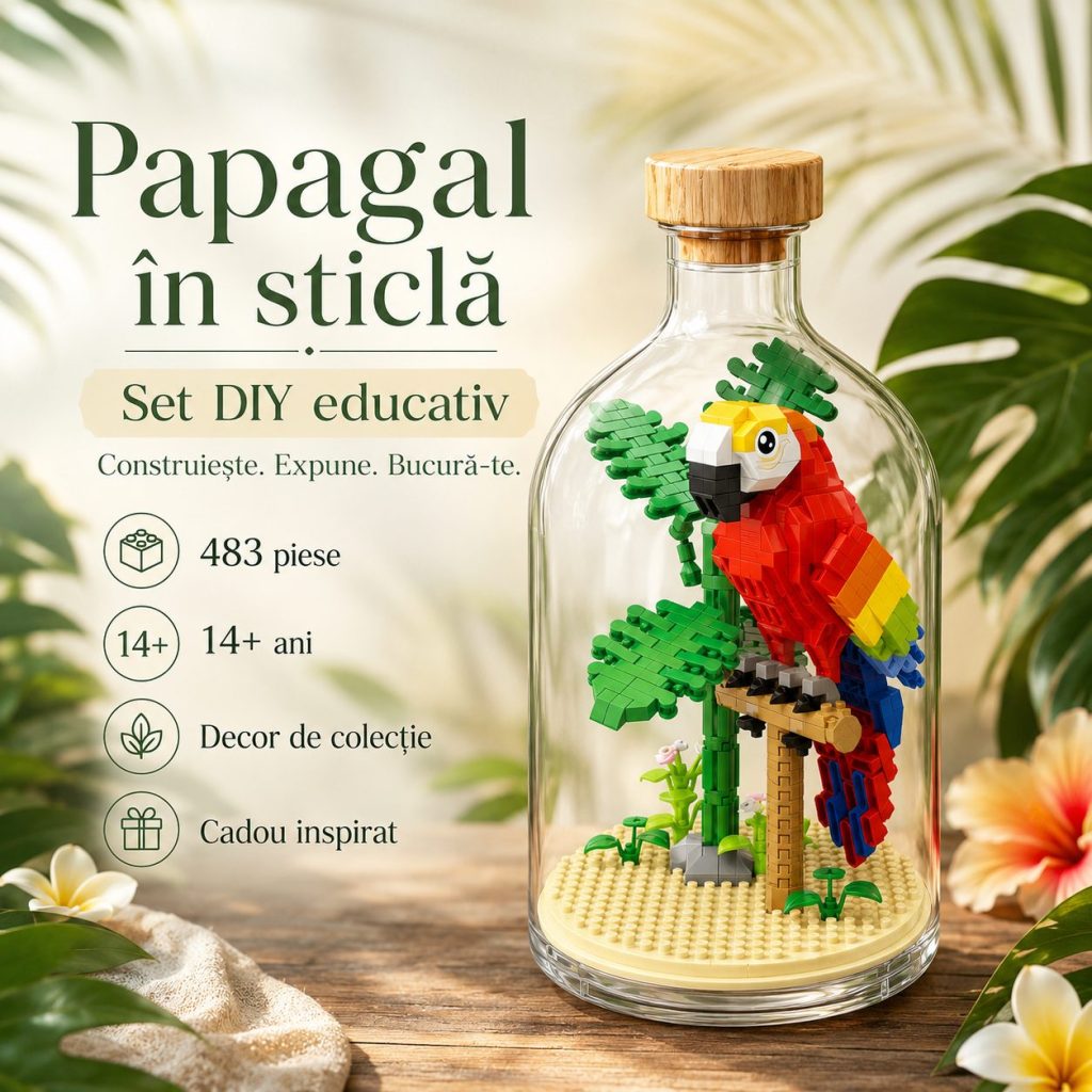 Set de Construit in Sticla, Flippy, 483 Piese, din Plastic, +14 Ani, 10 x 19.6 cm, Model Papagal, Multicolor