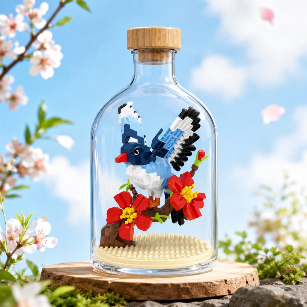 Set de Construit în Sticlă Decorativă, Flippy, Model Pasăre Albastră, 489 Piese Mini din Plastic, Jucărie Creativă și Educațională pentru Copii 14+ și Adulți, Tip Pixel Building Blocks, Obiect Decorativ de Colecție, 10 x 19.6 cm, Multicolor