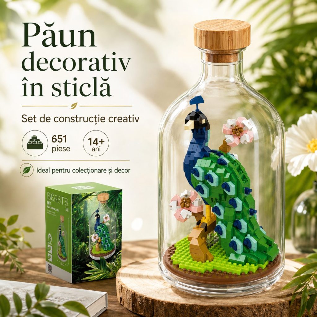 Set de Construit în Sticlă Decorativă, Flippy, Model Păun, 651 Piese Mini din Plastic, Jucărie Creativă și Educațională pentru Copii 14+ și Adulți, Tip Pixel Building Blocks, 10 x 19.6 cm, Multicolor