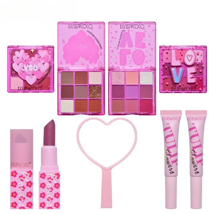 Set de Machiaj Kevin&Coco Tulip Love Gift Box, 22 Culori, 2 Palete de Farduri, 2 Lip Gloss-uri, 2 Rujuri și Oglindă Inimioară, Design Lalele, 15.7 x 21 x 4 cm, Multicolor