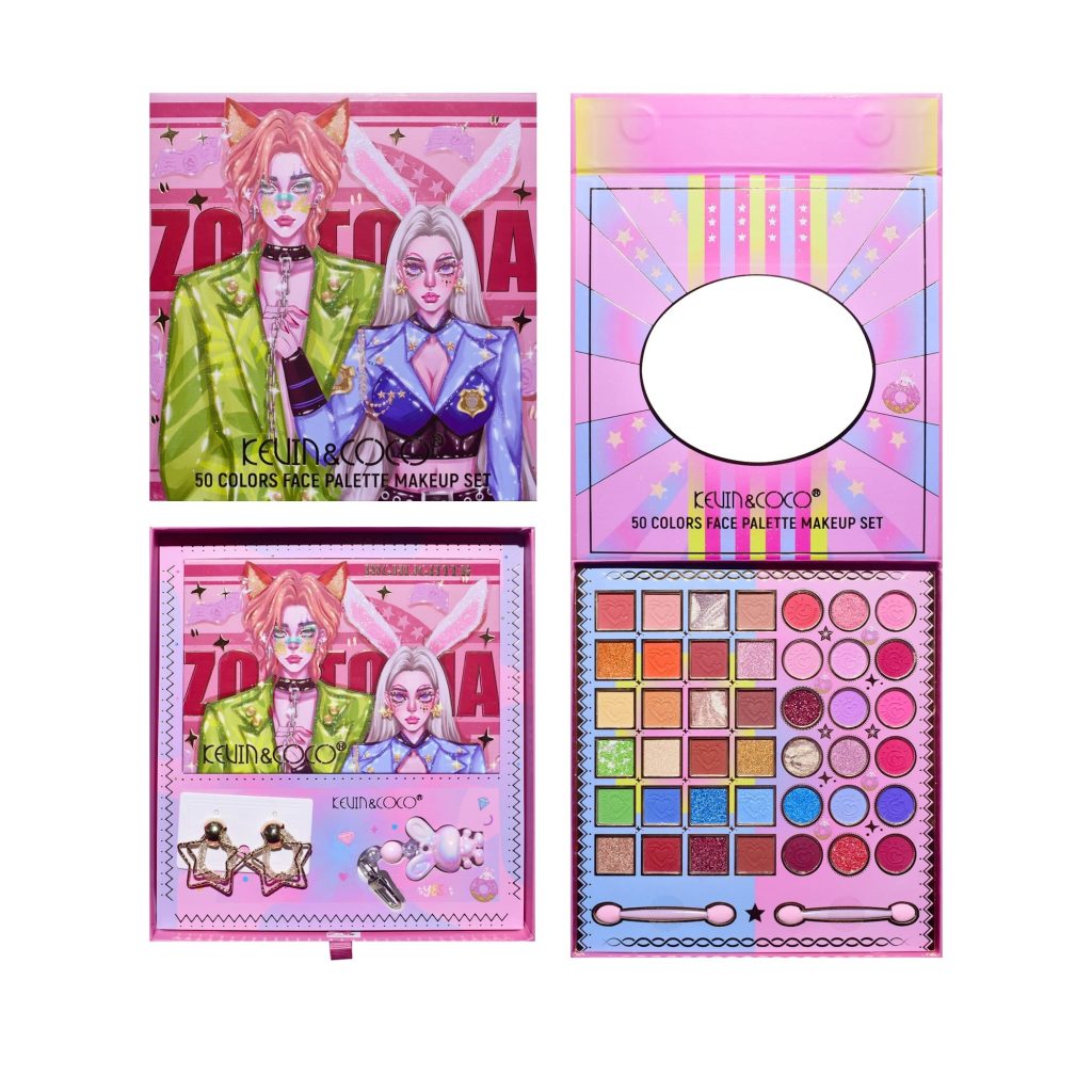 Paletă de Machiaj Kevin&Coco Best Partner, 50 Culori, Farduri de Pleoape Mate și Sidefate, Include Breloc și Cercei, Oglindă Integrată, Pigmentare Intensă, 22 x 21 x 5 cm, Multicolor