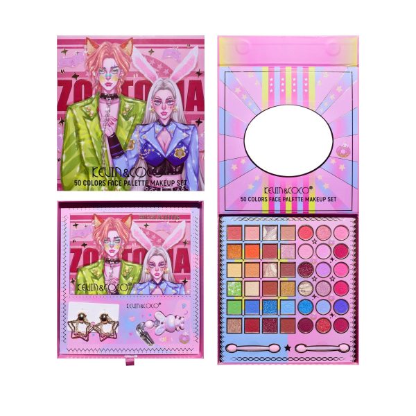 Paletă de Machiaj Kevin&Coco Best Partner, 50 Culori, Farduri de Pleoape Mate și Sidefate, Include Breloc și Cercei, Oglindă Integrată, Pigmentare Intensă, 22 x 21 x 5 cm, Multicolor