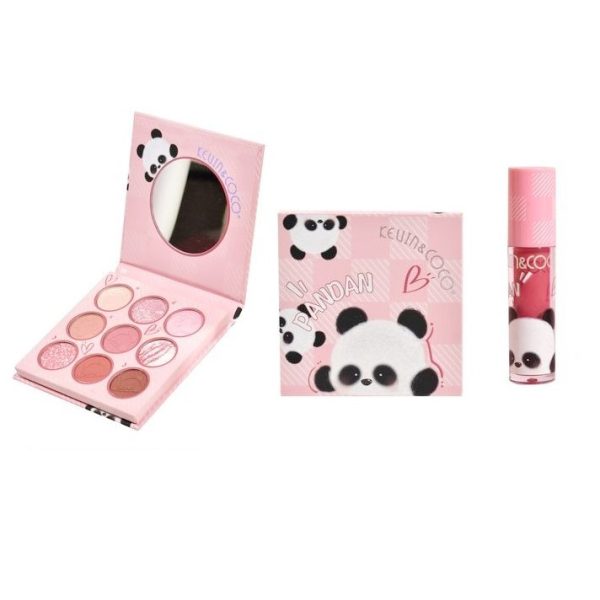 Set de Machiaj, Kevin&Coco, Paleta de Farduri pentru Pleoape si Lipgloss, 10.2x10.2x1.5cm, Model Panda, Multicolor