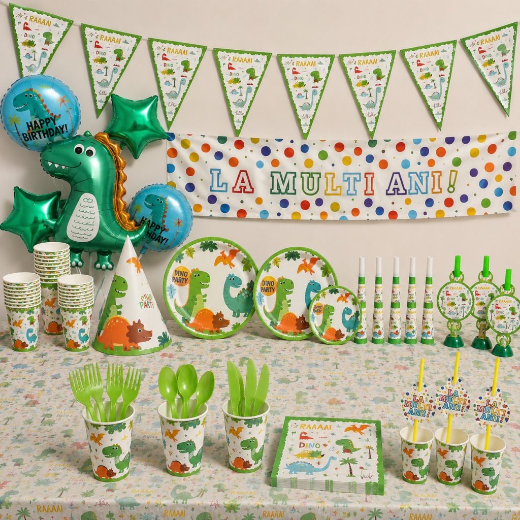 Set de Petrecere, Model Dinozauri, Verde-Multicolor