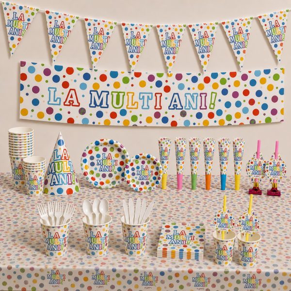 Set de Petrecere, Model La Multi Ani, Alb-Multicolor