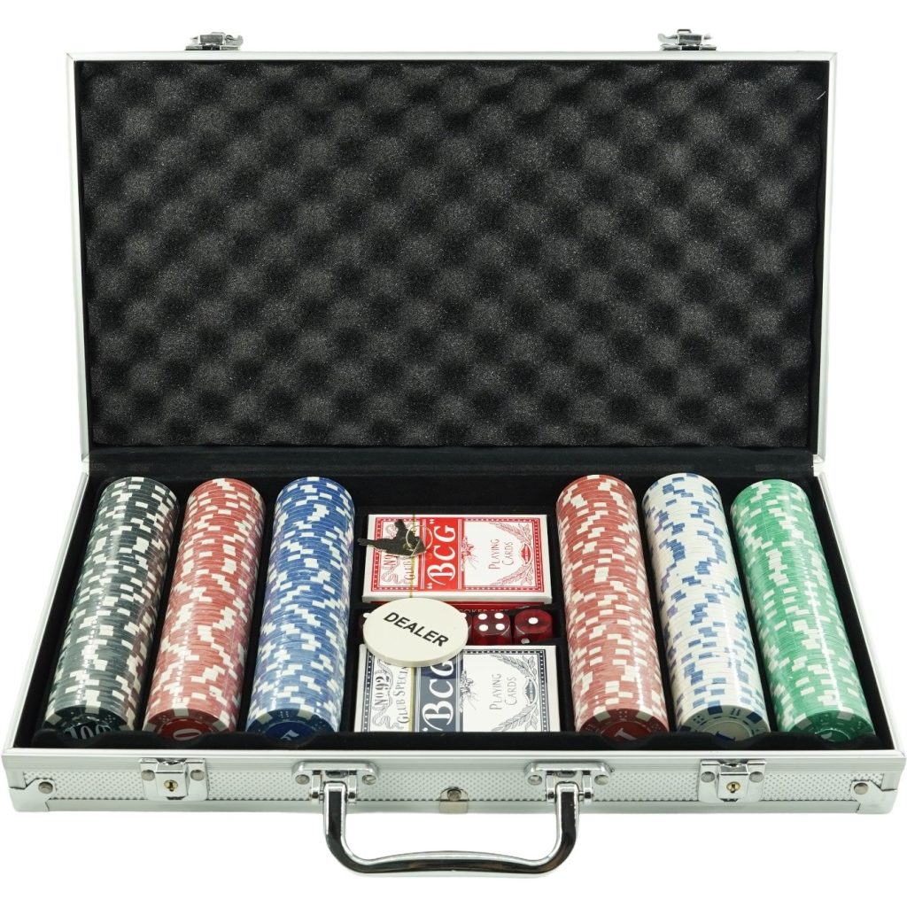 Set de Poker Complex, Flippy, cu 300 de Jetoane Multicolore, 2 Seturi de Cărți de Joc și 5 Zaruri, Accesorii pentru Joc Incluse, Depozitare și Transport în Servietă din Aluminiu, 39x27x7 cm, Multicolor