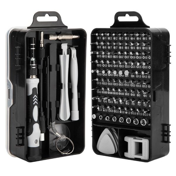 Surubelnite pentru Reparea Telefoanelor, Flippy, Set 115-in-1 Cromate, Demontarea Repararea Ceasurilor, Electronicelor Mici, Maner detalii Albe, 18 x 11 x 6 cm, Negru