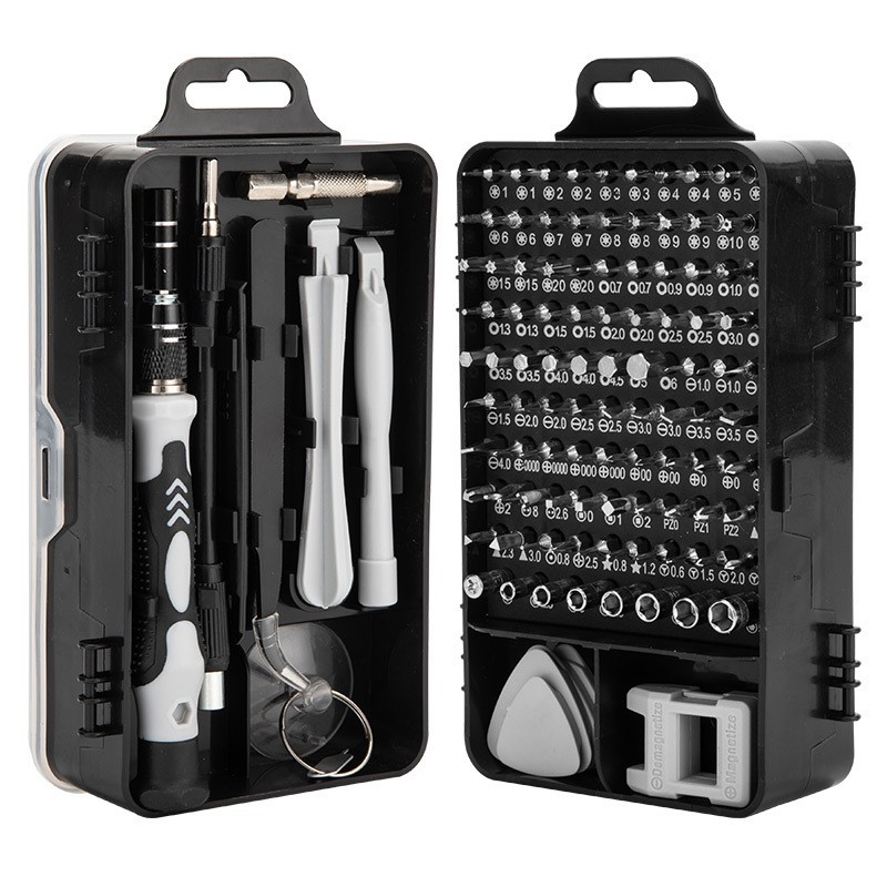 Surubelnite pentru Reparea Telefoanelor, Flippy, Set 115-in-1 Cromate, Demontarea Repararea Ceasurilor, Electronicelor Mici, Maner detalii Albe, 18 x 11 x 6 cm, Negru