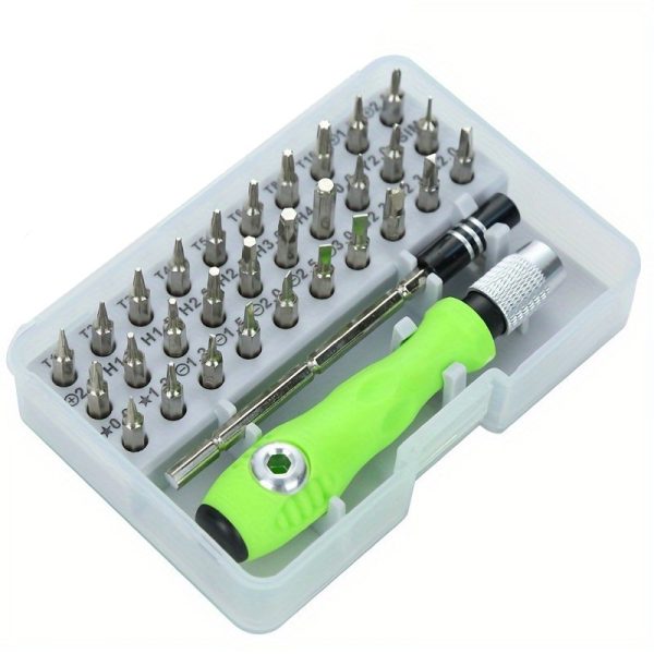 Set de Surubelnite 32-in-1 cu Clichet, Flippy, Cromate, Set de Uz Casnic pentru Repararea Electronicelor Mici, Maner durabil Verde, 10.5 x 7 x 3 cm, Gri