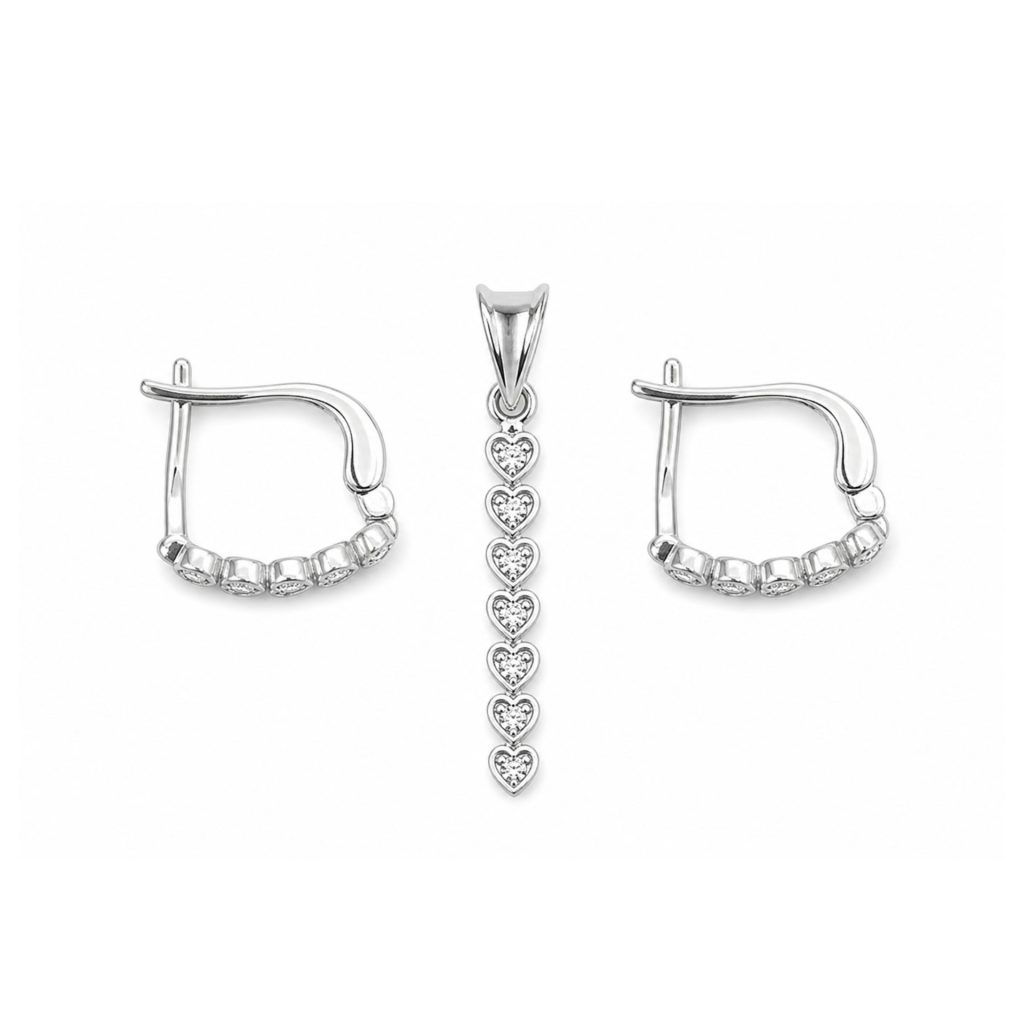 Set din Argint 925 Cercei si Pandantiv, Jolie Silver, pentru Dama, Model Inimi cu Pietre,  Design Fin si Romantic, 3.4 g, Argintiu