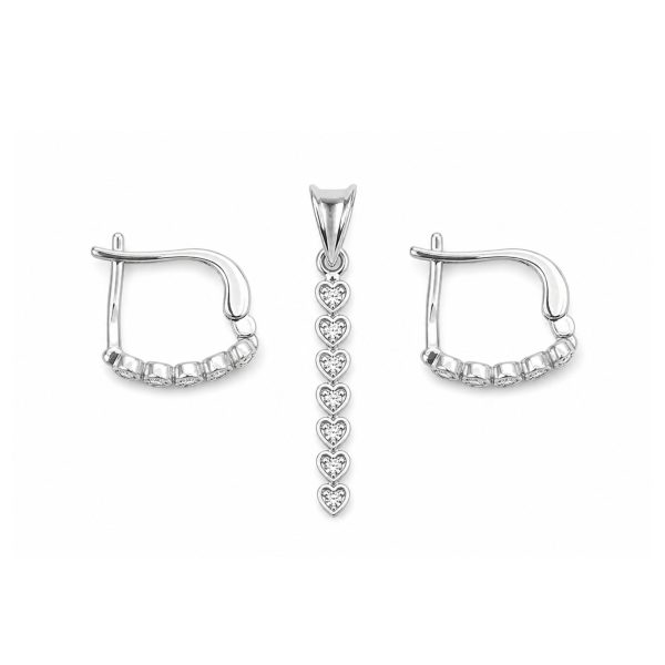Set din Argint 925 Cercei si Pandantiv, Jolie Silver, pentru Dama, Model Inimi cu Pietre,  Design Fin si Romantic, 3.4 g, Argintiu