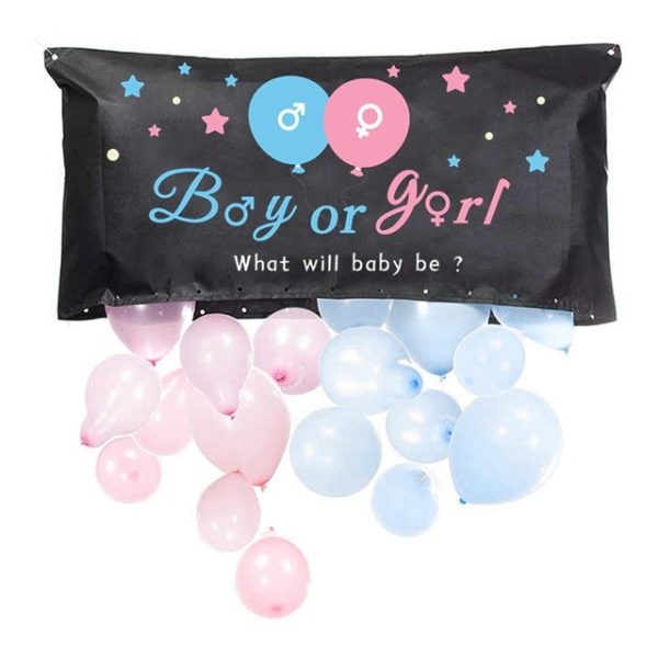 Set Gender Reveal, Flippy, Balloon Drop Bag, din Plastic si Latex, 24 Baloane Roz si Albastru 13 cm, Sac pentru Baloane 60 x 120 cm, Multicolor