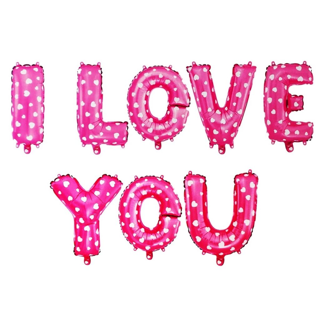Set 8 Baloane din Folie Metalizata, Figurine Litere, Model I Love You, Tema Ziua Indragostitilor, 40 cm, Ambalaj Individual, Pai Inclus, Umflare cu Aer sau Heliu, Roz cu Inimioare Albe