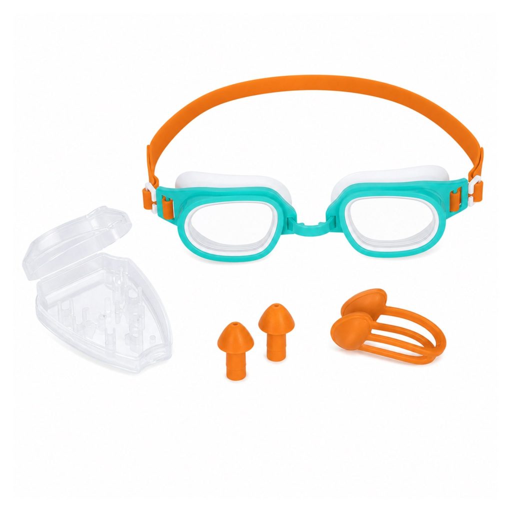 Set complet pentru inot cu ochelari, dopuri de urechi si clema de nas din silicon, lentile anti-ceata si cutie de depozitare incluse., Flippy, Model pentru Copii 7-14 Ani,Multicolor