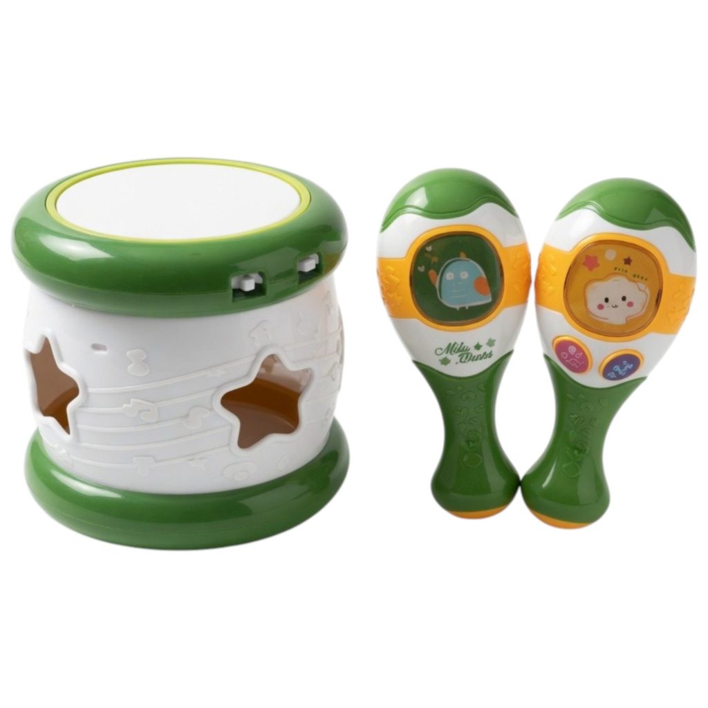 Set Instrumente Muzicale Copii Cu Toba Electrica Si 2 Maracas, Jucarie Muzicala Interactiva Cu Lumini Si Sunete, Set Ritm Si Percutie Pentru Dezvoltare Auditiva Si Motricitate Copii 12+ Luni, Verde