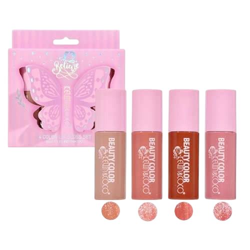 Set Luciu de Buze KEVIN & COCO Believe, 4 Lip Gloss-uri, Stralucire si Hidratare Intensa, 4 x 2.5 ml, Multicolor, Ambalaj Fluture, 10 x 2.2 x 10.3 cm, Roz