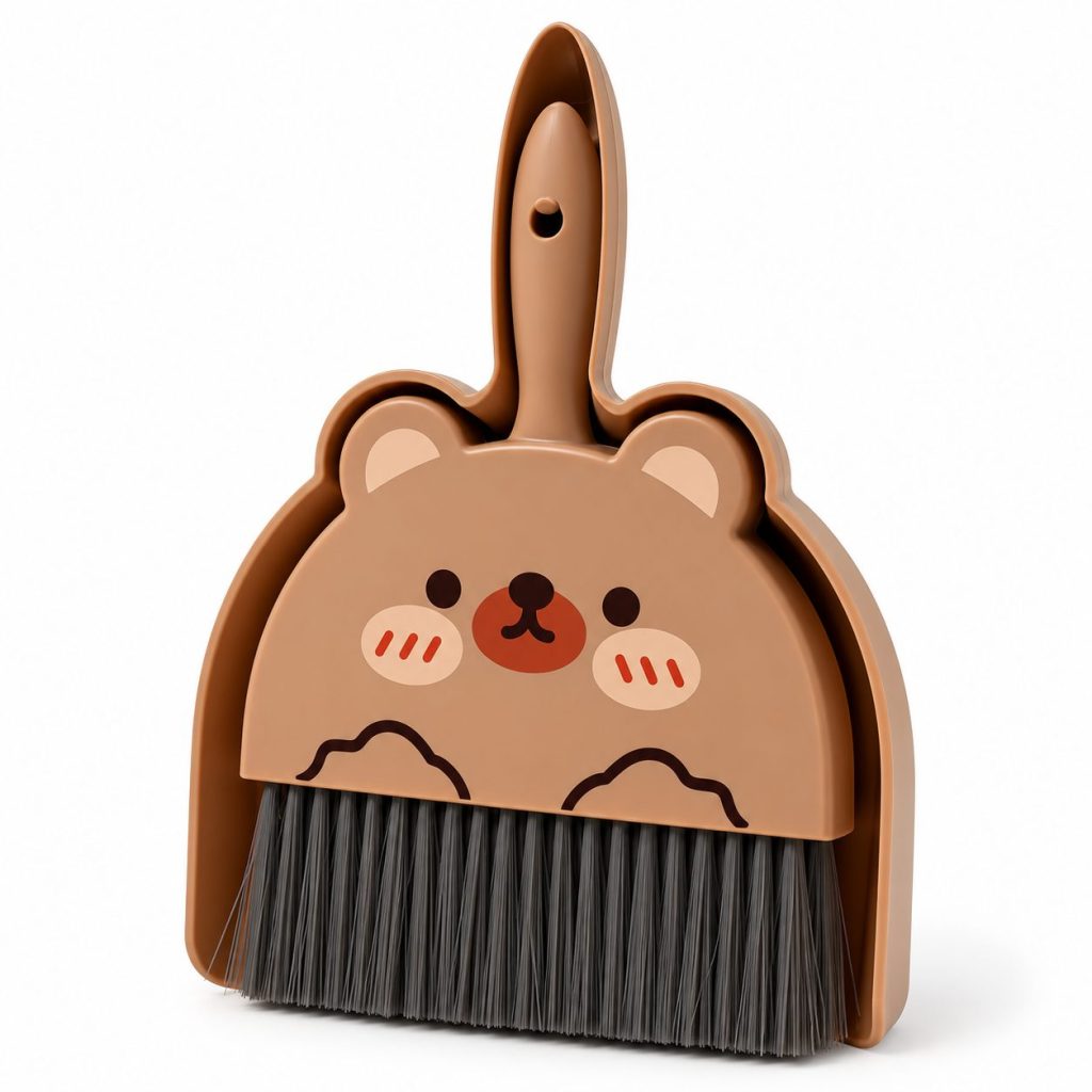 Set Mini Matura si Faras, Flippy, LITTLE CLEANER, Uz Casnic, pentru Birou, Bucatarie, Casa, Model Ursulet, 23 x 18 cm, Maro