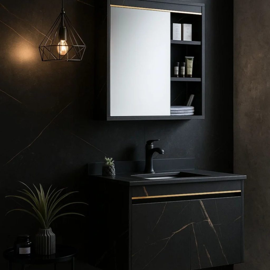 Set Mobilier MARBLE pentru Baie, Dulap Lavoar+Dulap Oglinda 60cm, 2 Piese, Negru