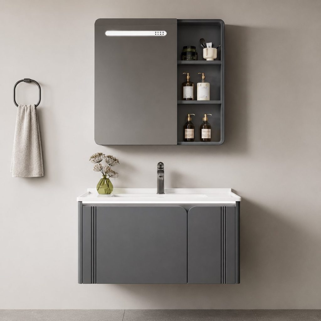 Set Mobilier ORIA pentru Baie, Dulap Lavoar+Dulap Oglinda 80cm, 3 Piese, Gri si Alb