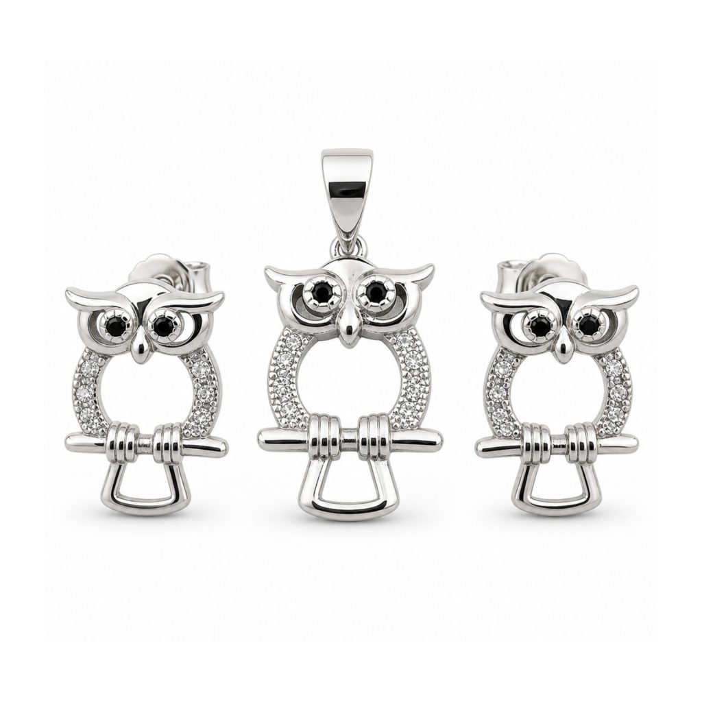 Set Pandativ cu Cercei pentru Dama, Jolie, Argint 925, Model Bufnita Contur, 4.1g, 2 cm x 1.1 cm, Argintiu