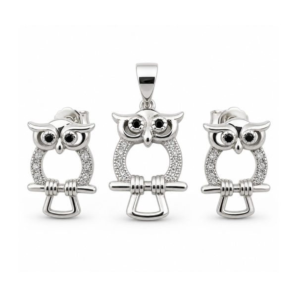 Set Pandativ cu Cercei pentru Dama, Jolie, Argint 925, Model Bufnita Contur, 4.1g, 2 cm x 1.1 cm, Argintiu