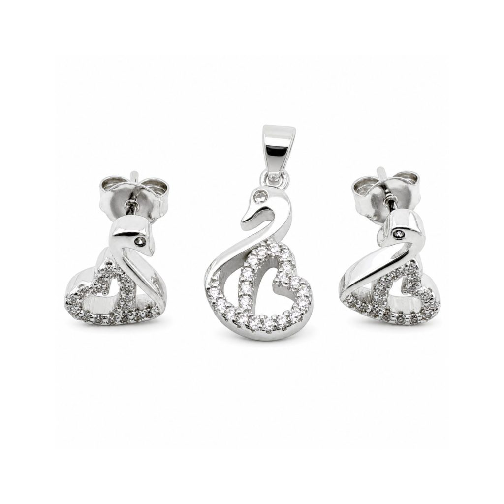 Set Pandativ cu Cercei pentru Dama, Jolie, Argint 925, Model Lebada cu Pietre, 2.7g, 1 cm x 1 cm, Argintiu