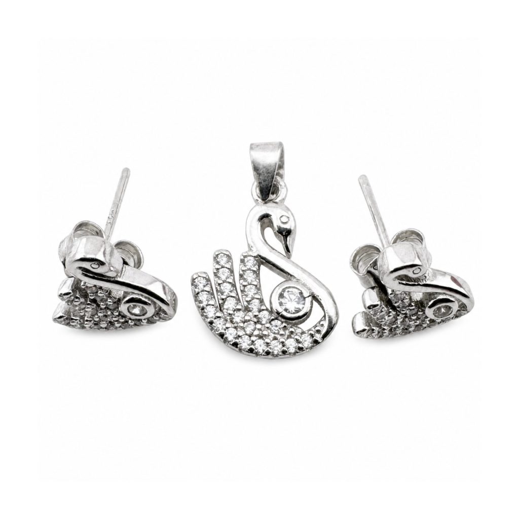 Set Pandativ cu Cercei pentru Dama, Jolie, Argint 925, Model Lebada cu Pietre, 2.7g, 1.5 cm x 1 cm, Argintiu