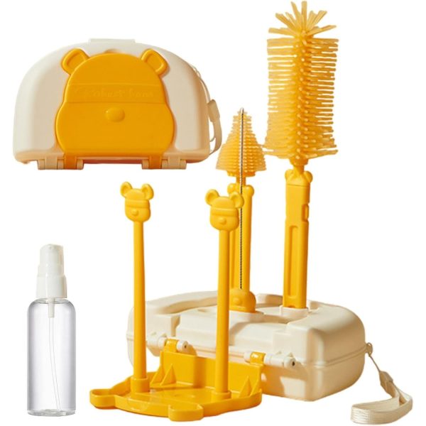Set 7 Piese de Spalat/Uscat Biberoane, Flippy, Portabil, Peri de Silicon, pentru Tetine, Suzete, Biberoane, Paie, Cutie Inclusa, 16 x 11 x 5 cm, Model Ursulet, Galben