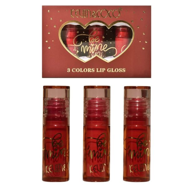 Set 3 Luciuri de Buze, Kevin&Coco Be Mine Lip Gloss, Varianta A, 3 Nuante K1, K2,K3, Finisaj Lucios si Aspect Ingrijit al Buzelelor, Ambalaj Tip Cutie Cadou cu Fereastra, Roz