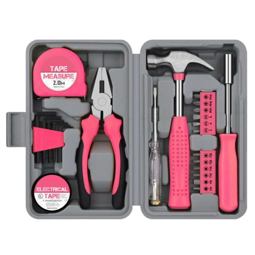 Set Scule 24 piese pentru Uz Casnic, Flippy, Instrumente Set in Trusa de Plastic Gri, din Plastic si Metal, 20 x 12.5 x 3 cm, Roz