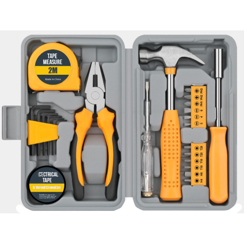 Set Scule 24 piese pentru Uz Casnic, Flippy, Instrumente Set in Trusa de Plastic Gri, din Plastic si Metal, 20 x 12.5 x 3 cm, Galben