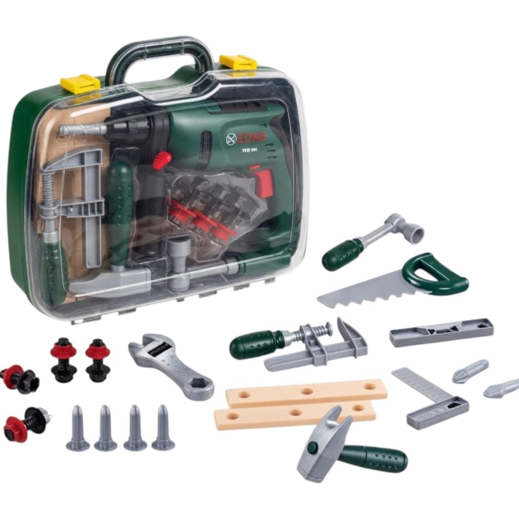 Set Unelte Copii 26 Piese Cu Bormasina Electrica Si Accesorii In Valiza Transparenta, Trusa Scule Interactiva Cu Lumini Si Functie Rotire, Jucarie Educativa Tip Inginer Pentru Constructii Copii 3+ Ani, Verde