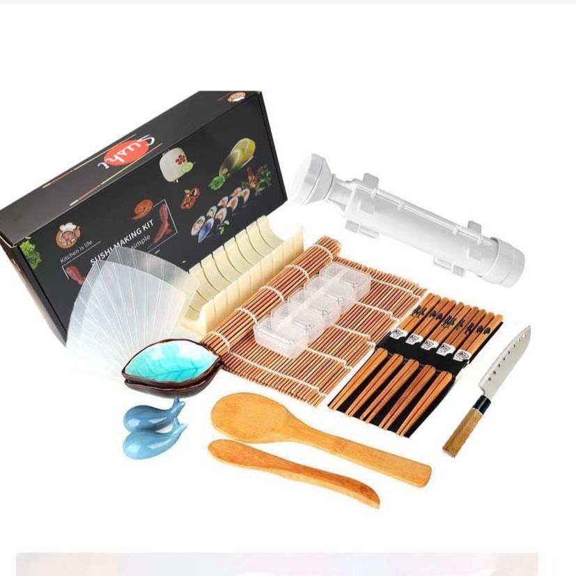 Set Ustensile pentru Sushi, Flippy, Set din 19 Accesorii pentru Sushi, Set pentru Sushi HOME MADE, Cutit Inclus, Forme, Betisoare, Multicolor