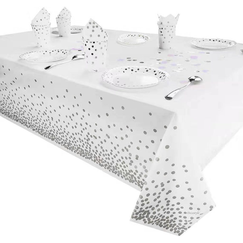 Fata de Masa, Flippy, din PEVA, Imprimeu Buline, 137 x 274 cm, Impermeabila, Fara Pete, Curatare Rapida, Argintiu