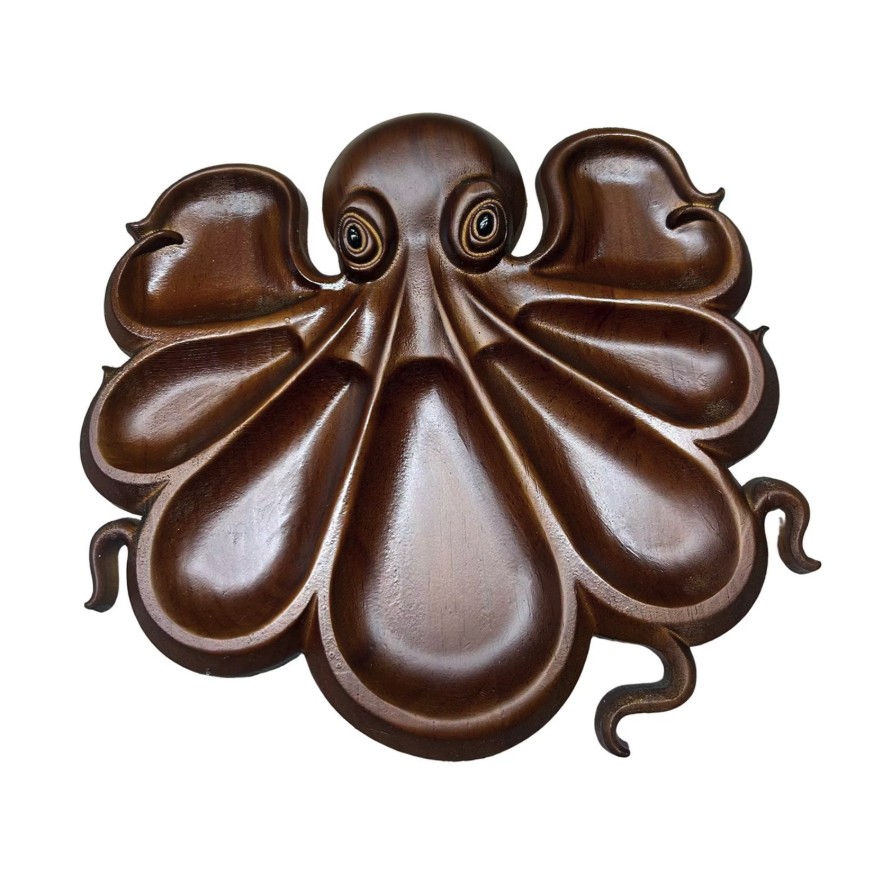 Platou pentru Servire, Flippy, in Forma de Caracatita, 8 Compartimente pentru Mezeluri Branzeturi Snacksuri, Design Artistic, din Lemn Masiv, 26 x 25 x 3 cm, Maro inchis
